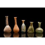 ANCIENT ROMAN GLASS COLLECTION OF FIVE FLASKS