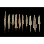 ANCIENT GROUP OF 10 BRONZE SPEARHEADS