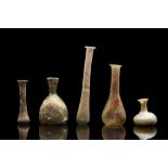 ANCIENT ROMAN GLASS COLLECTION OF FIVE FLASKS