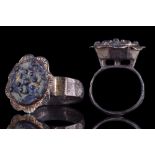 MEDIEVAL SILVER GILT FLORAL-SHAPED RING WITH ENAMEL INSERTS