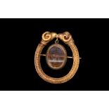 ROMAN ARTEMIS INTAGLIO IN SUPERB NEOCLASSICAL GOLD BROOCH WITH RAMS