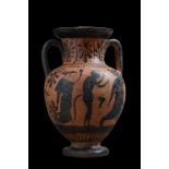 GREEK ATTIC BLACK FIGURE AMPHORA WITH SATYR AND MAENADS