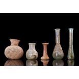 COLLECTION OF FIVE ROMAN GLASS BOTTLES