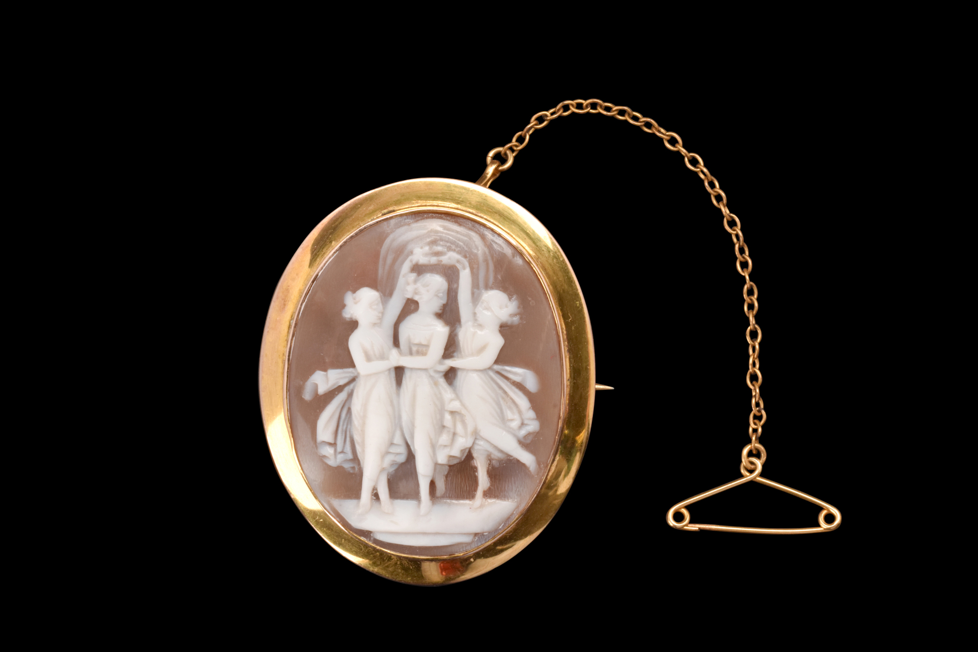 NEOCLASSICAL GOLD BROOCH WITH THREE GRACES CAMEO