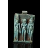 RARE EGYPTIAN FAIENCE AMULET WITH OSIRIAN TRIAD (ISIS, HORUS, AND NEPHTYS)