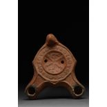ROMAN RED WARE DOUBLE SPOUTED OIL LAMP WITH CHI-RHO