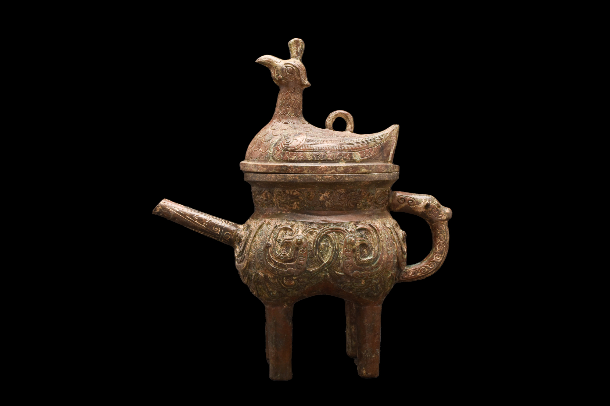 CHINESE ARCHAIC BRONZE POURING VESSEL WITH A BIRD-SHAPED LID - Image 3 of 9