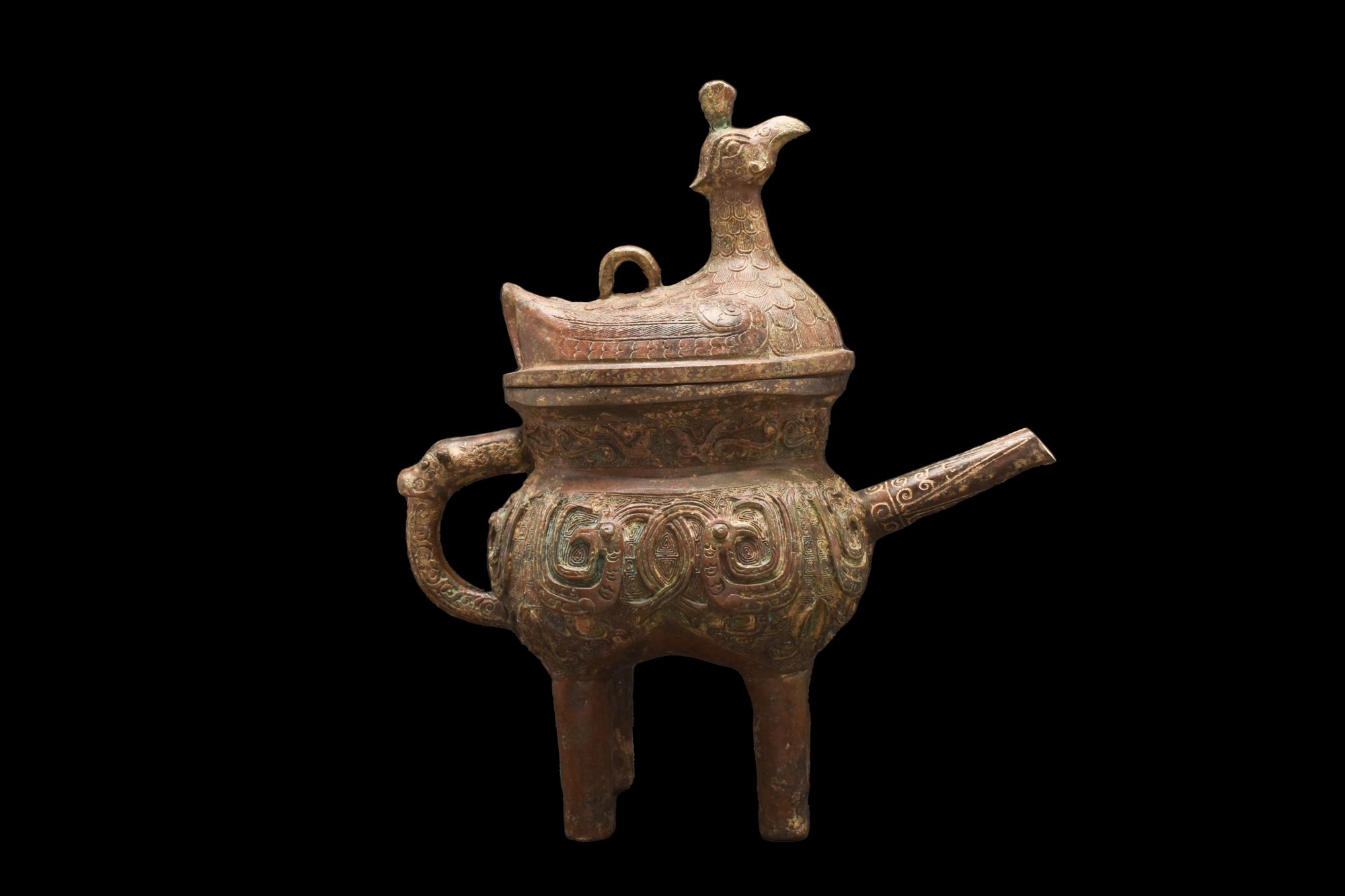 CHINESE ARCHAIC BRONZE POURING VESSEL WITH A BIRD-SHAPED LID - Image 2 of 9