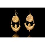 HELLENISTIC GOLD PAIR OF FILIGREE EARRINGS WITH SIRENS ON BOATS