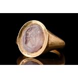 ROMAN AMETHYST INTAGLIO OF BEARDED MAN IN SOLID GOLD RING