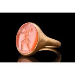 ROMAN CARNELIAN INTAGLIO WITH DIANA IN A GOLD RING