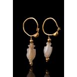 ROMANO-EGYPTAIN GOLD EARRINGS WITH ROCK CRYSTAL FISH BEADS