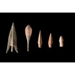 GREEK ARCHAIC GROUP OF FIVE BRONZE ARROWHEADS