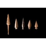 GREEK ARCHAIC GROUP OF FIVE BRONZE ARROWHEADS