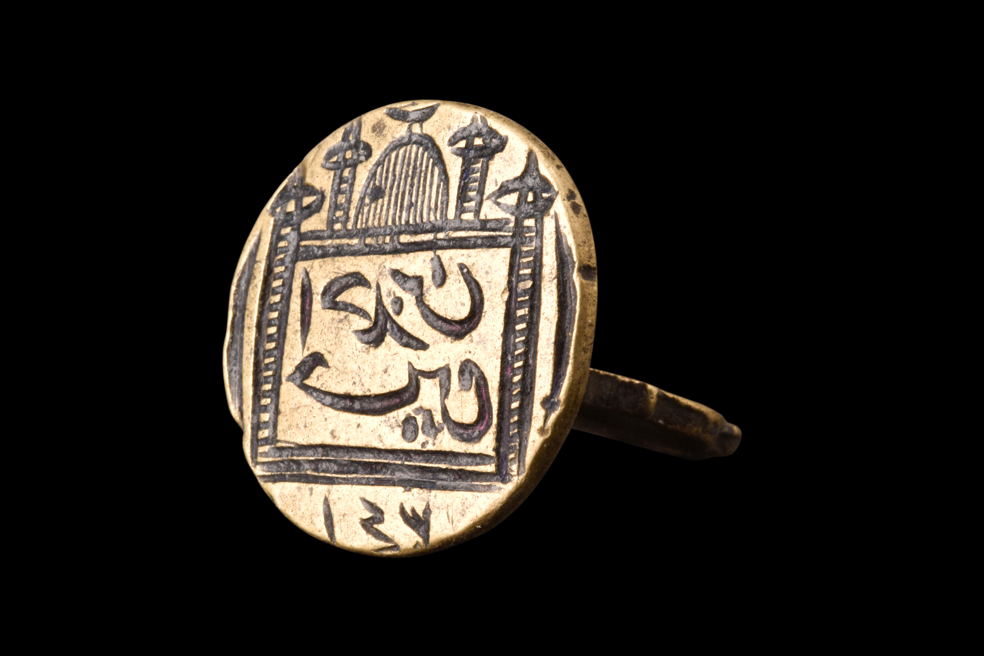OTTOMAN BRONZE SEAL STAMP WITH MOSQUE AND CALLIGRAPHY