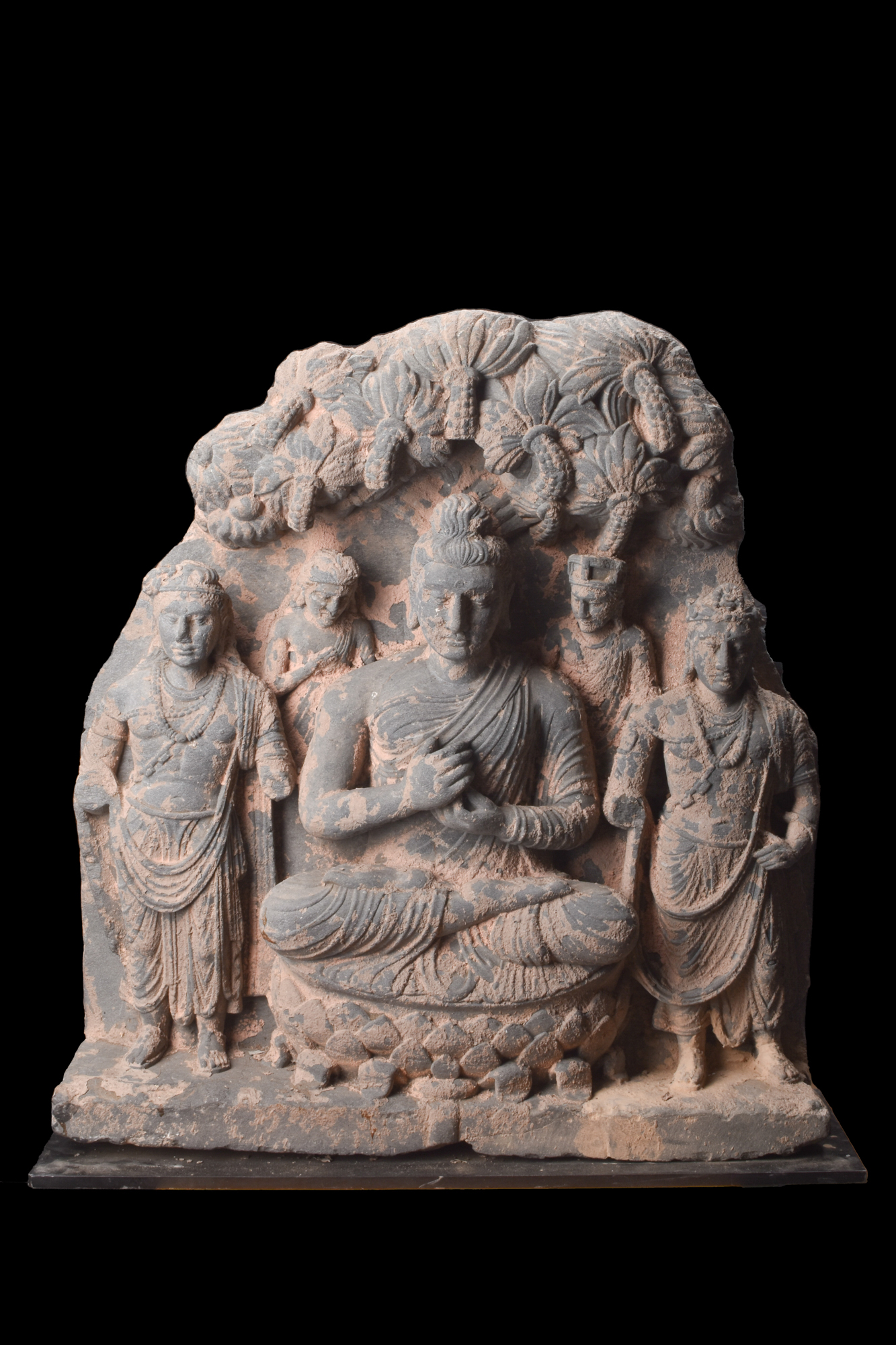 GANDHARAN SCHIST RELIEF TRIAD OF BUDDHA SHAKYAMUNI WITH BODHISATTVAS