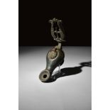 BYZANTINE BRONZE OIL LAMP WITH CROSS HANDLE