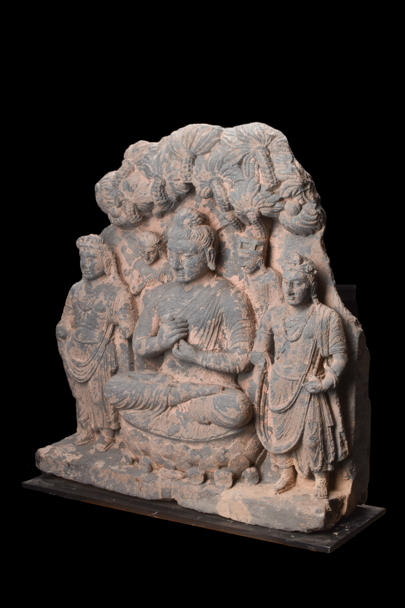 GANDHARAN SCHIST RELIEF TRIAD OF BUDDHA SHAKYAMUNI WITH BODHISATTVAS - Image 2 of 8