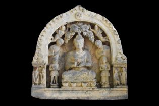 RARE GANDHARAN SCHIST PANEL WITH BUDDHA AND HIS DISCIPLES