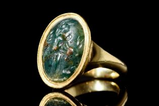 ROMAN BLOODSTONE INTAGLIO OF VICTORY IN GOLD RING
