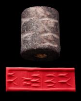 MESOPOTAMIAN / SYRIAN DARK STONE CYLINDER SEAL - ORIGINAL PROF. LAMBERT REPORT