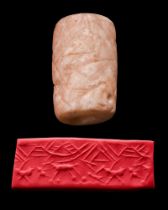 MESOPOTAMIAN WHITE AND FAWN STONE CYLINDER SEAL - ORIGINAL PROF. LAMBERT REPORT