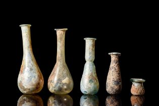 COLLECTION OF FIVE ROMAN GLASS BOTTLES