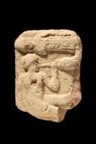OLD BABYLONIAN POTTERY PLAQUE WITH TWO FIGURES