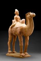 CHINESE TANG DYNASTY TERRACOTTA CAMEL WITH FOREIGN RIDER