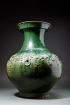 CHINESE HAN DYNASTY GREEN GLAZED POTTERY HU JAR