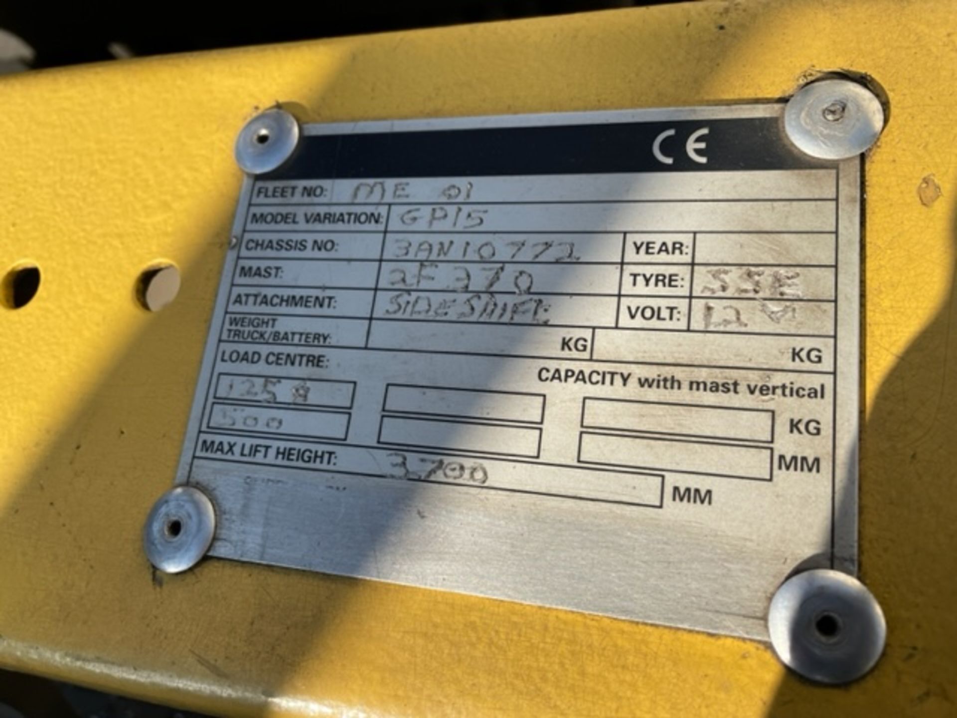 CAT GP15 1.5T, 3.7M Reach LPG Forklift, Serial Number 3AN10772 with Double Mast & Sideshift, ( - Image 4 of 5