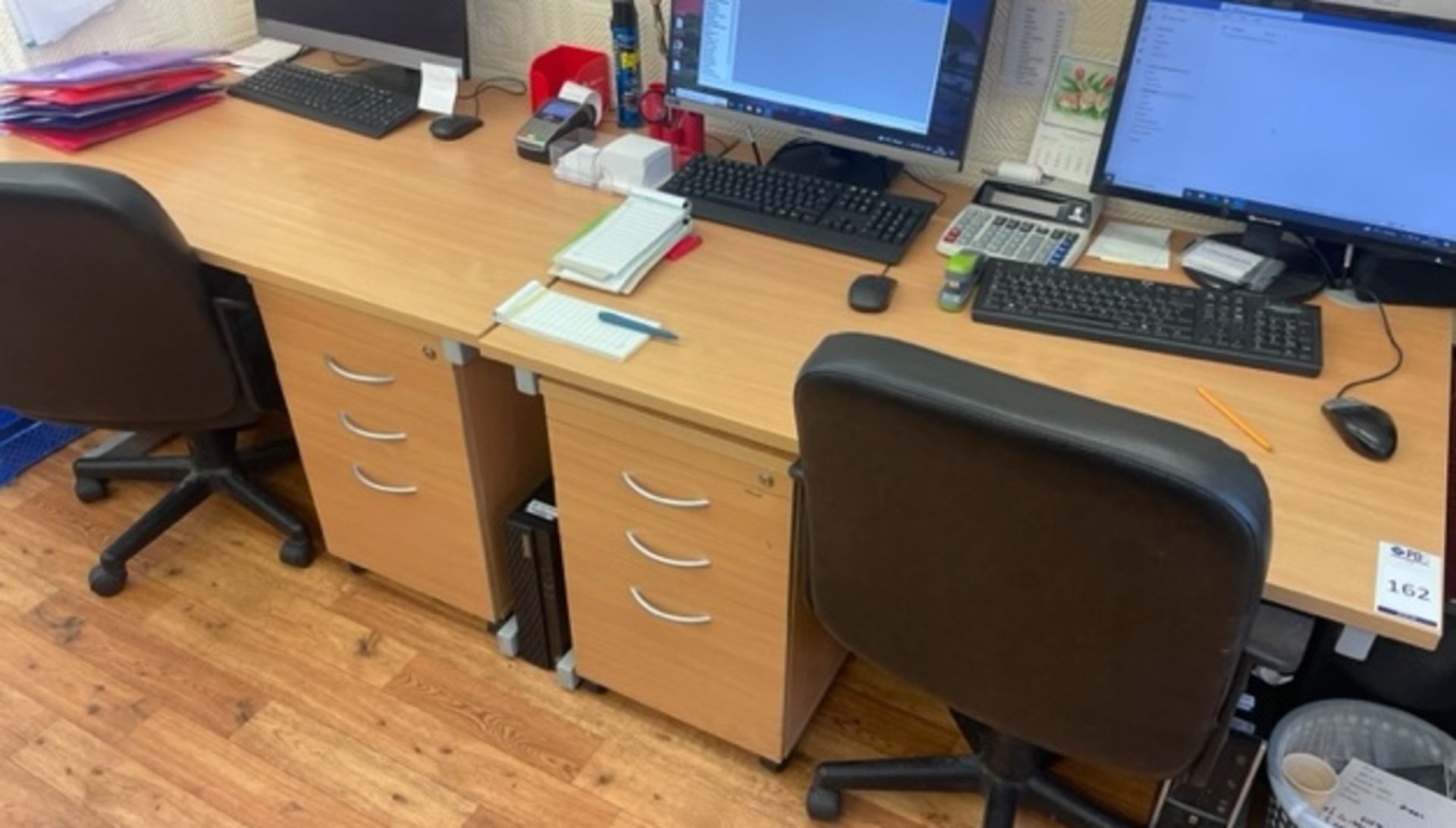 6 Various Light Oak Effect Desks, 4 Matching Pedestals & 6 Operators Chairs (Computer Equipment & - Image 2 of 3