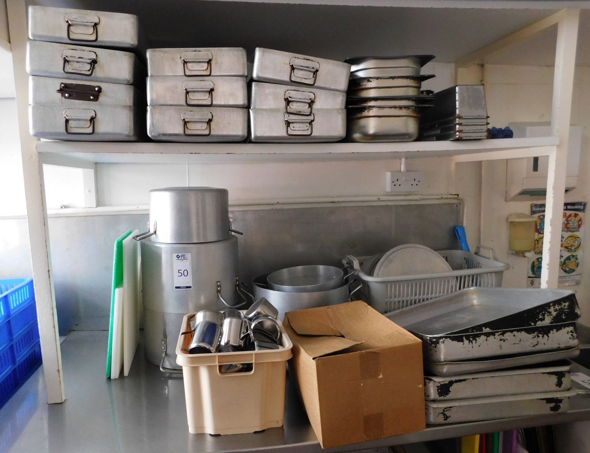 Contents of 2 Shelves to Include 5 Saucepans, Quantity of Trays & Jugs etc. (Location: Skelmersdale.