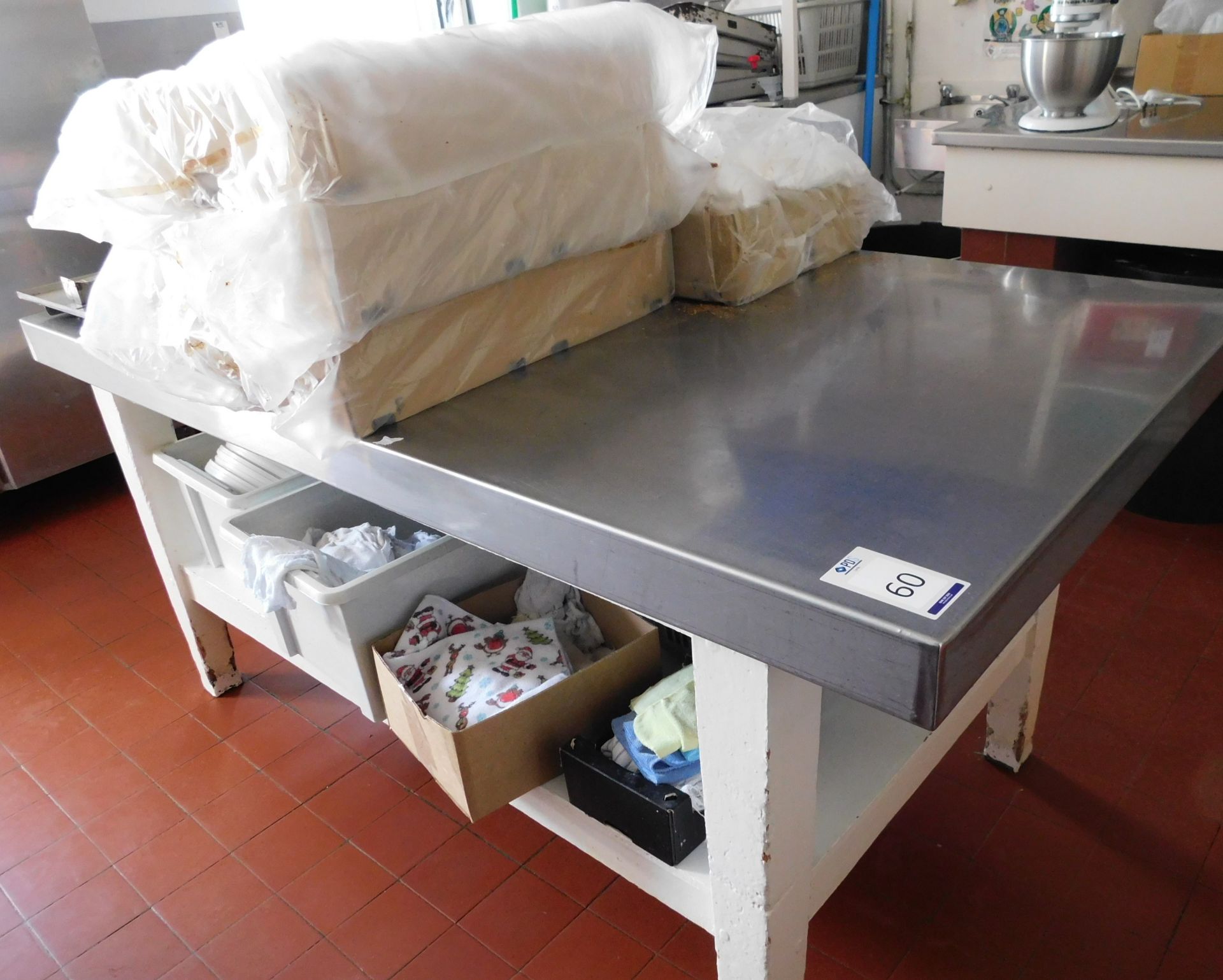 Stainless Steel Topped Wooden Island Preparation Table with Contents (Top - 180cm W x 98.5cm D