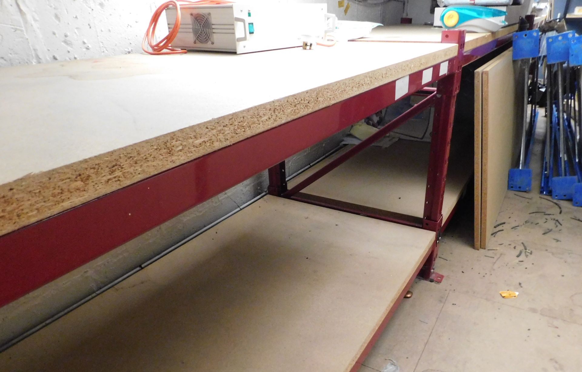 3 Boltless Metal Framed Benches with Chipboard Tops & Undershelves; (Location: Bushey. Please