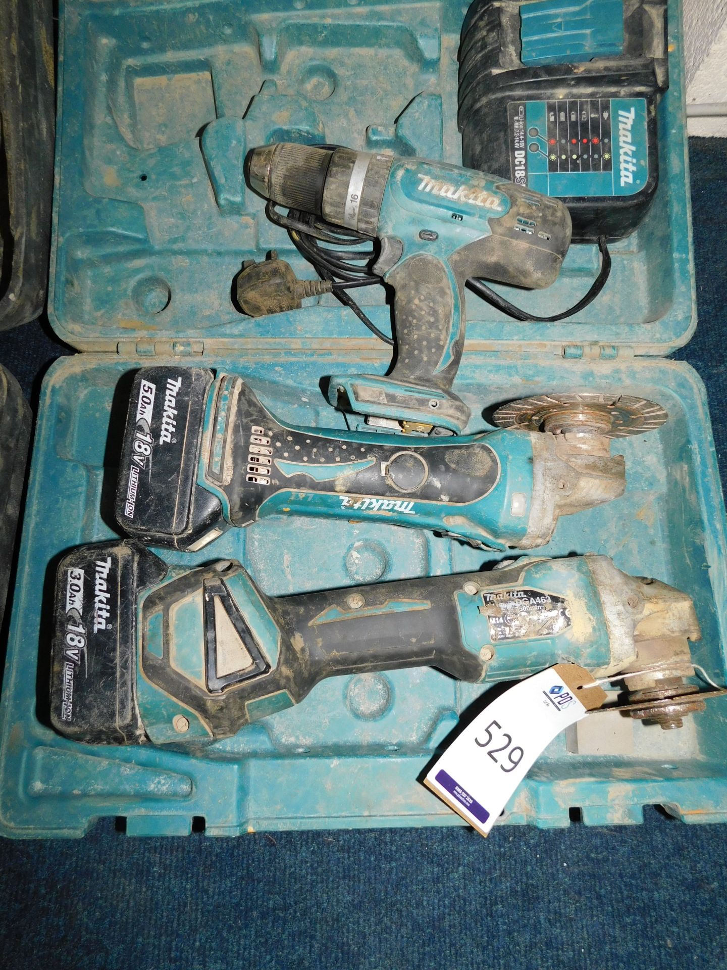 2 Makita Cordless Angle Grinders, Makita Cordless Drill, 2 Batteries & Charger (Location: Stockport. - Image 2 of 2