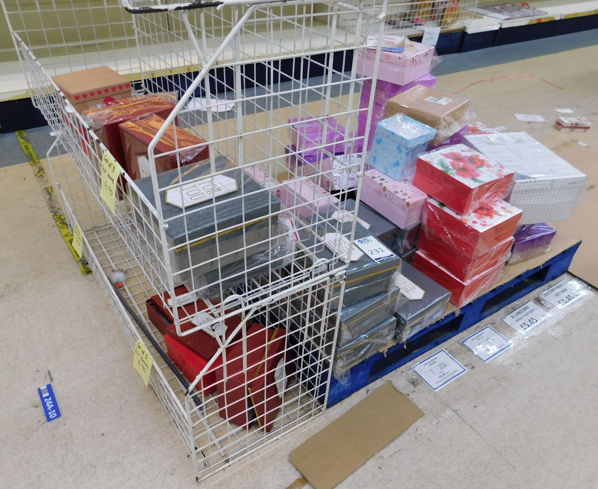 Contents of 3 Cages & Pallet of Gift Boxes (Cages Not Included) (Location Bury. Please See General