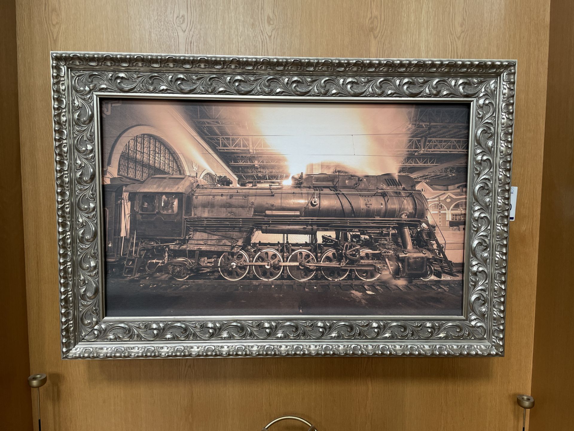 Ornate Framed Locomotive Painted Screen Hiding A TV (Location: High Wycombe. Please Refer to General