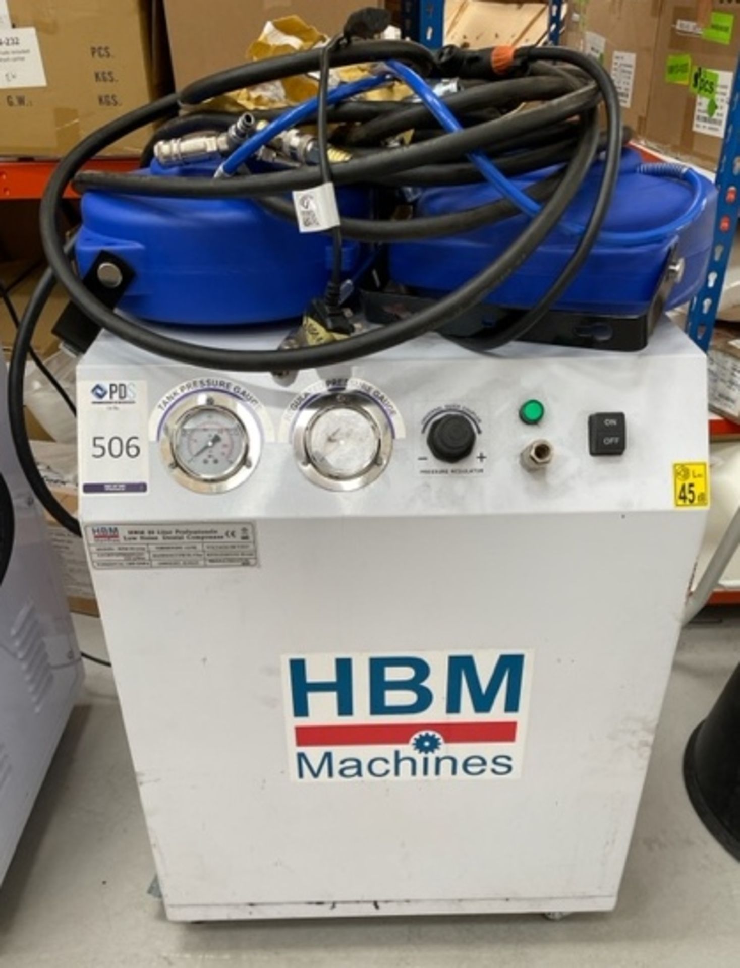 HBM 30litre Low Noise Dental/Workshop Compressor, 240v with Airlines & Sundries (Location: Park