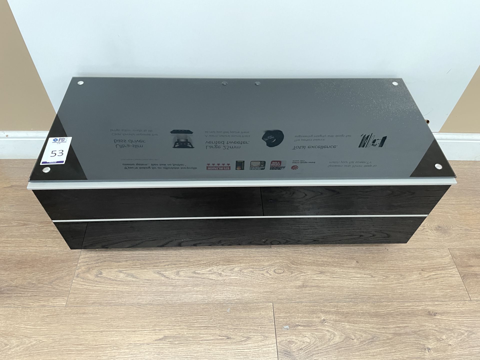 Black Laminated Fall Front TV Cabinet with Plate Glass Top, 43” (Location: High Wycombe. Please