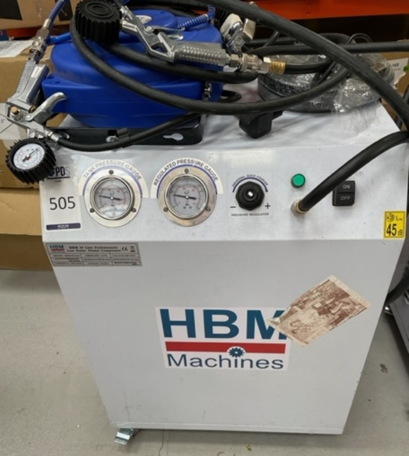 HBM 30litre Low Noise Dental/Workshop Compressor, 240v with Airlines & Sundries (Location: Park