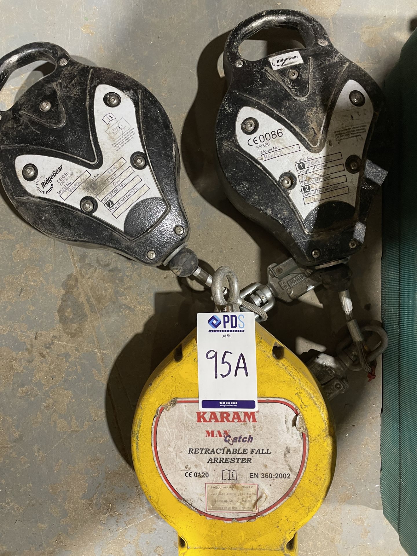 Two Ridgegear Fall Arrestors with Harnesses, Lanyards etc (Location Rochester. Please Refer to
