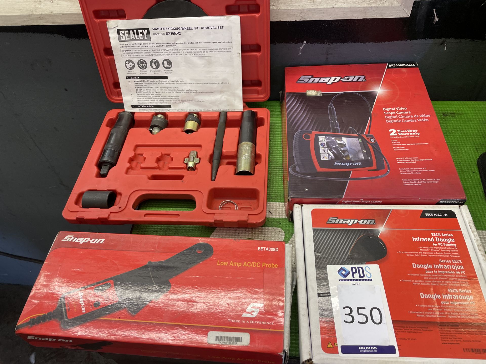 Snap-On Infrared Dongle, Digital Videoscope Camera, Low Amp AC/DC Probe and a Sealey Master