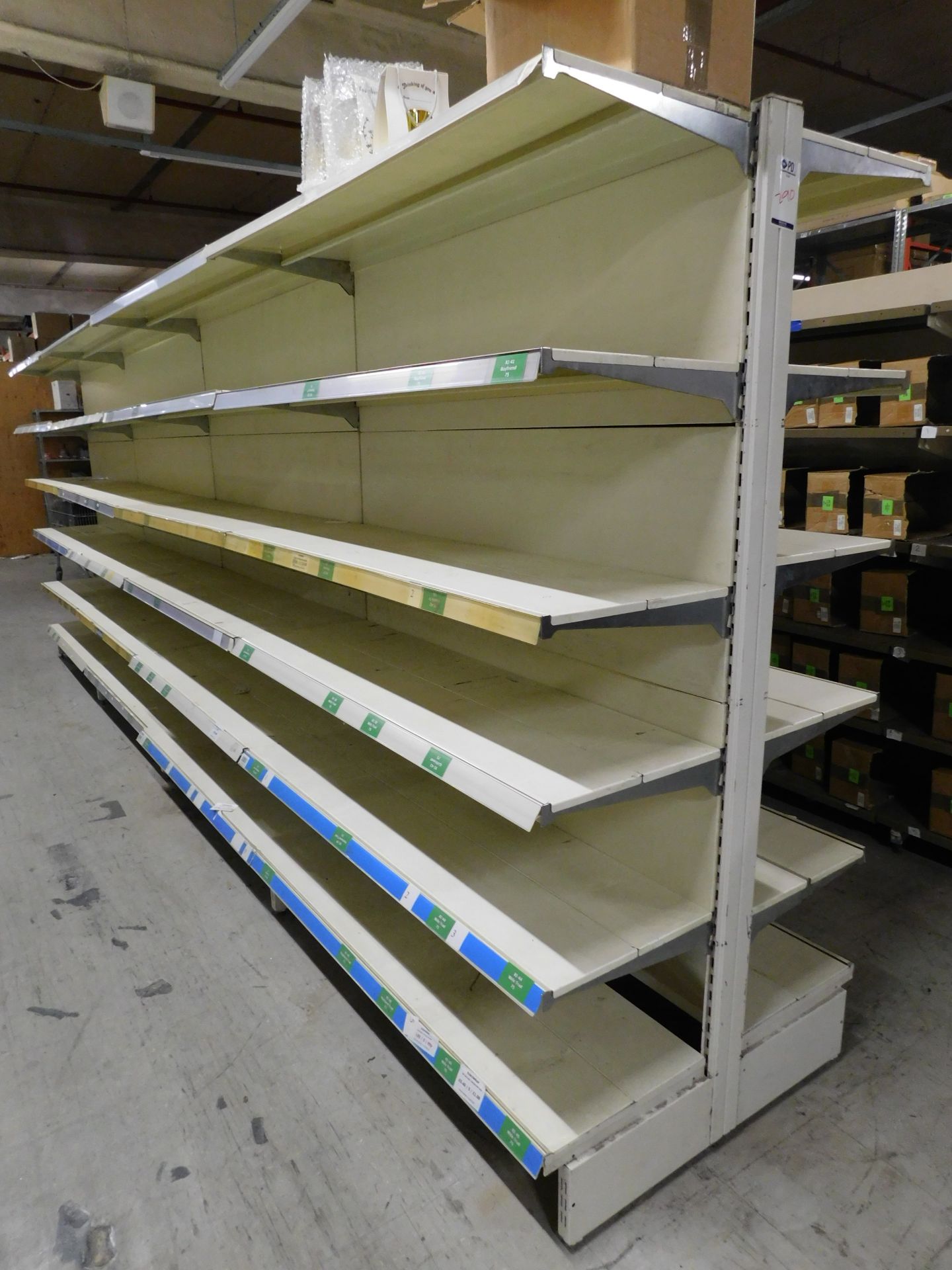 18 Bays of Gondola Double Sided Steel Shelving (Excluding Contents) & Quantity of Shelving