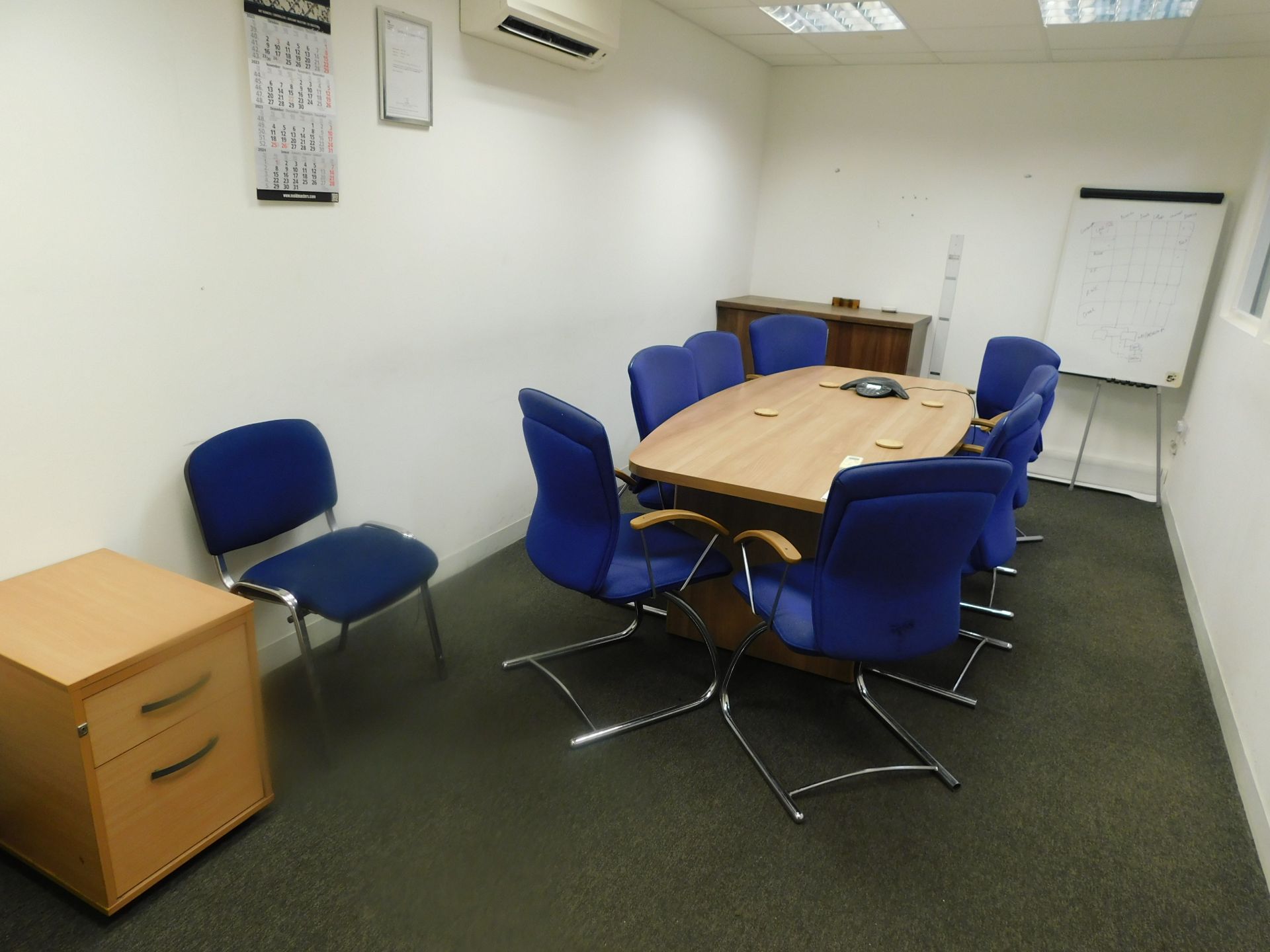 Dark Oak Effect Boardroom Table, 6 Various Chairs & Double Door Cabinet (Located North Manchester.