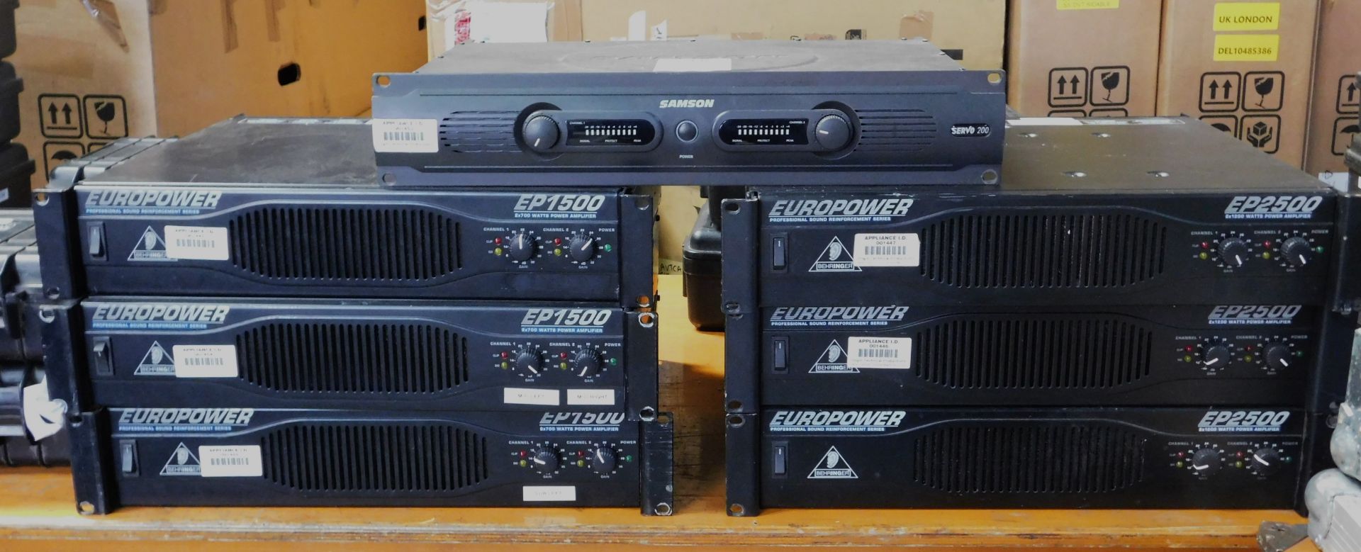 3 Behringer Europower Amplifiers, Model EP1500, 3 Behringer Europower Amplifiers, Model EP2500 &