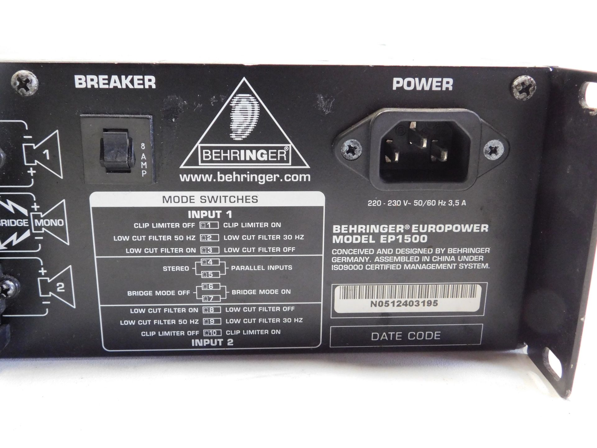 3 Behringer Europower Amplifiers, Model EP1500, 3 Behringer Europower Amplifiers, Model EP2500 & - Image 8 of 11