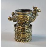 Chinese repousse brass censer in the form of a cockerel, with matching loaded repousse decorated