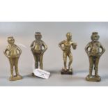 Three brass figures of John Bull. Together with a car mascot of a brass boxing figure. (4) (B.P. 21%