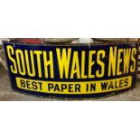 Very large single sided metal enamelled sign 'South Wales News, best paper in Wales'. 2.45Mx87cm